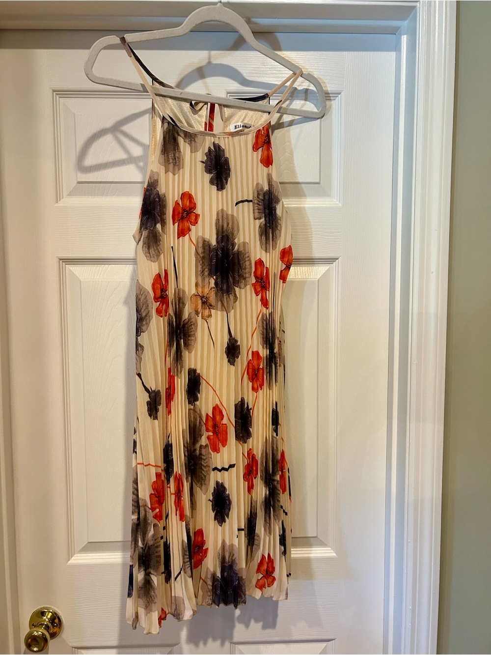 Floral Pleated Cream Halter Dress with Red & Black Blooms